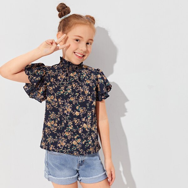

Girls Ruffle Trim Floral Top, Multicolor