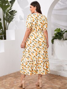 Plus Allover Lemon Print Tie Side Wrap Dress - Yellow - View 2