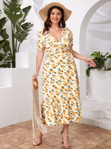 Plus Allover Lemon Print Tie Side Wrap Dress - Yellow - View 3