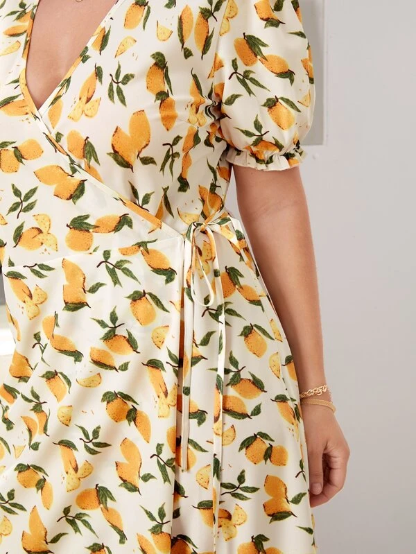 Plus Allover Lemon Print Tie Side Wrap ...