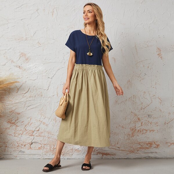 

Batwing Sleeve Paperbag Waist Colorblock Dress, Multicolor