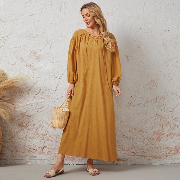 

V-back Lantern Sleeve Tunic Dress, Mustard yellow