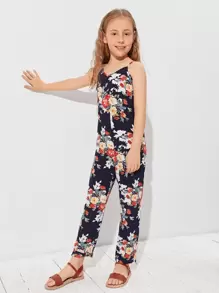 SHEIN Girls Floral Print Slip Jumpsuit - Multicolor - View 3