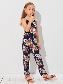 SHEIN Girls Floral Print Slip Jumpsuit - Multicolor - View 4