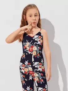 SHEIN Girls Floral Print Slip Jumpsuit - Multicolor - View 5
