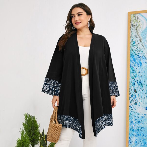 

Plus Graphic Print Open Front Coat, Black