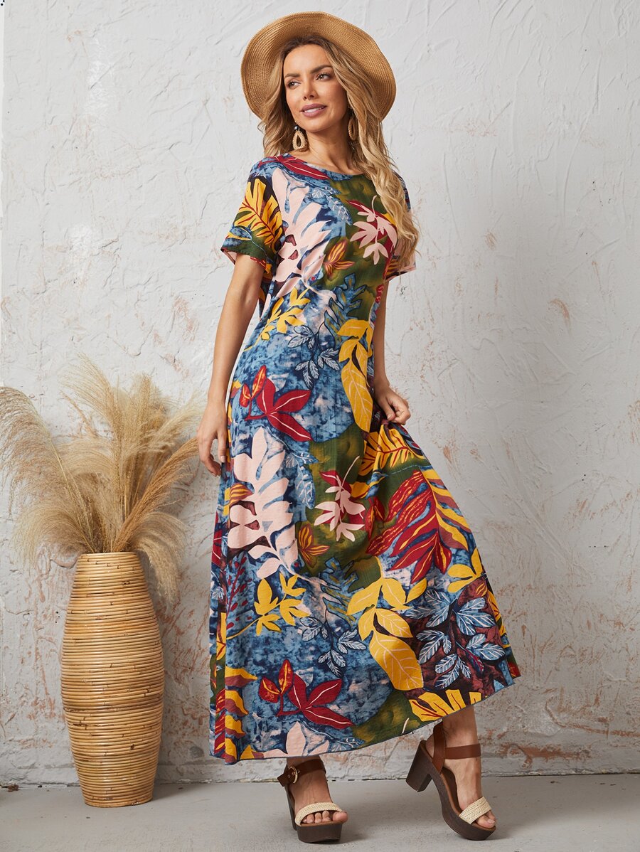 SHEIN Botanical Print Tunic Dress - Multicolor - View 1