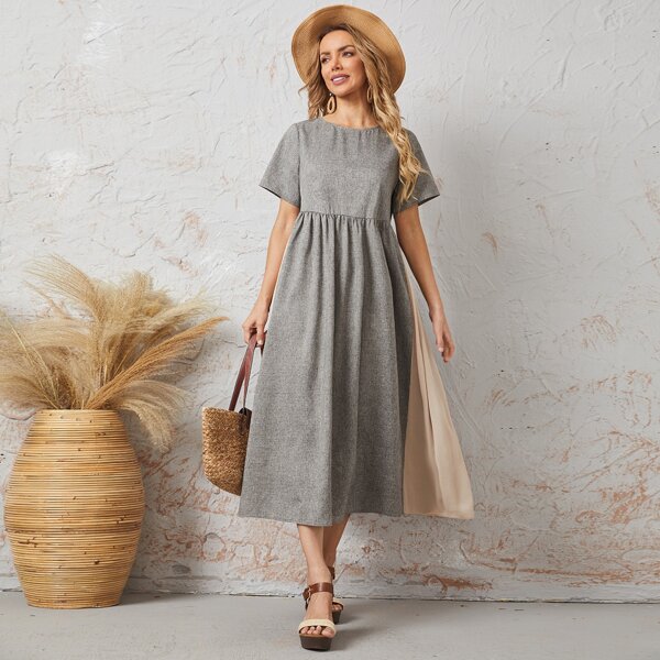 

Colorblock Flare Hem Dress, Grey