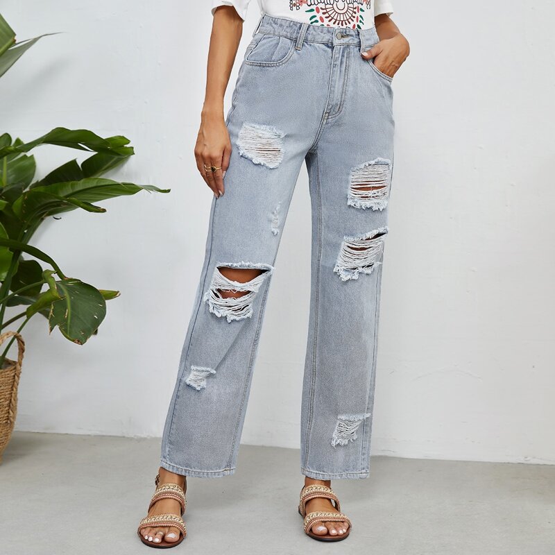 

High Waist Ripped Straight Leg Jeans, Light wash