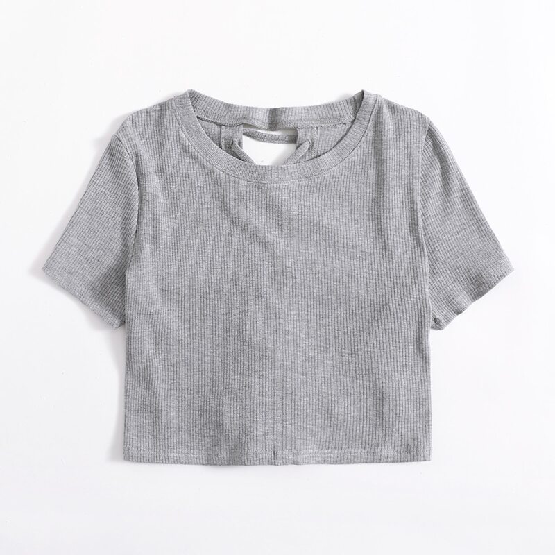 

Lace Up Back Ribbed Tee, Grey