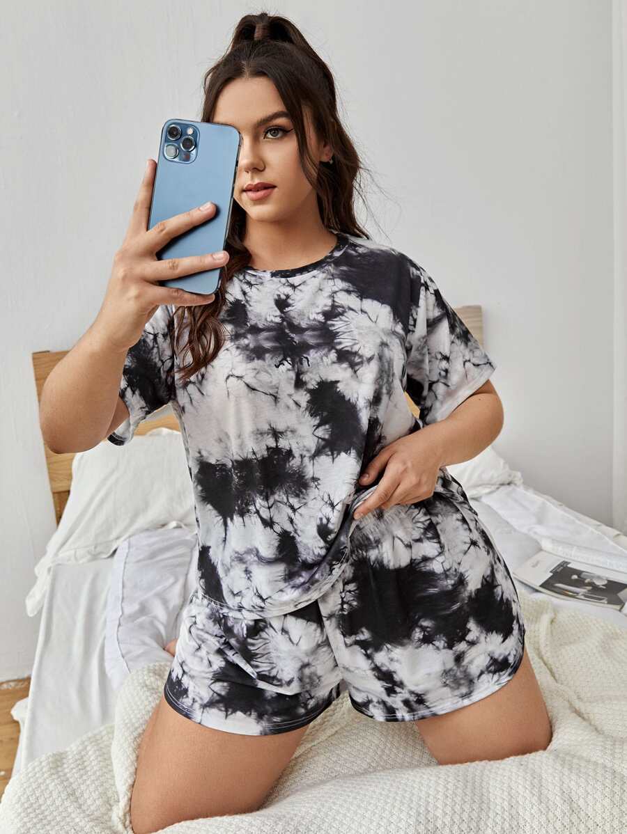 Plus Tie Dye PJ Set - Black and White - View 1
