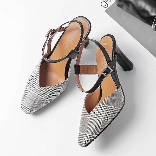 

Houndstooth High Heeled Slingback Pumps, Black