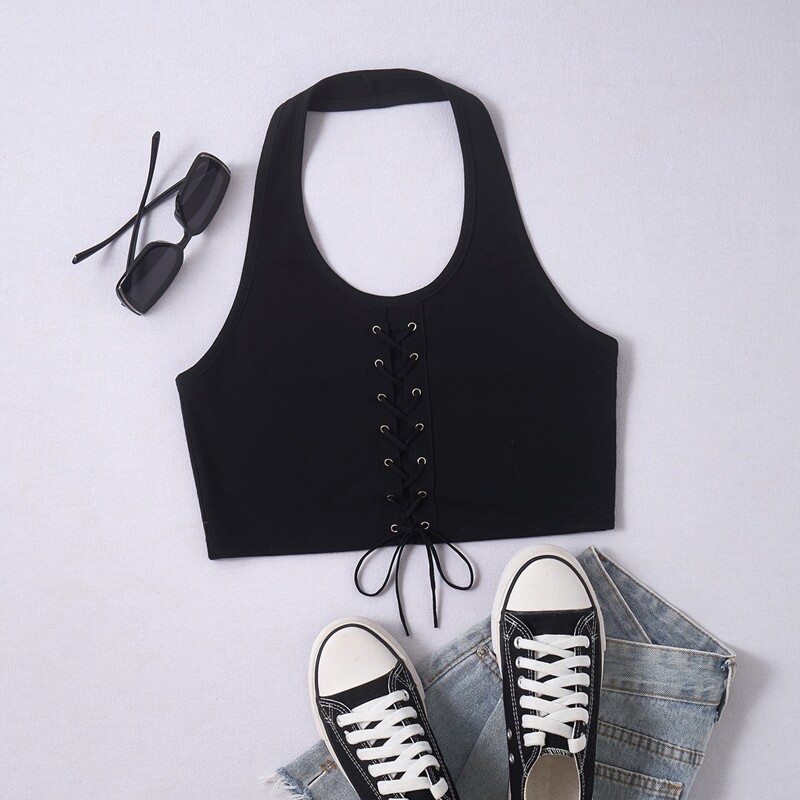 

Solid Lace Up Halter Top, Black