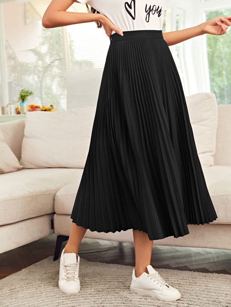 High Waist Solid Pleated Skirt