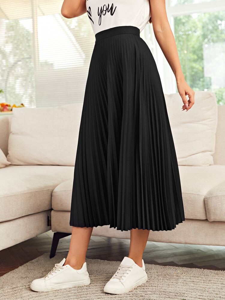 High Waist Solid Pleated Skirt