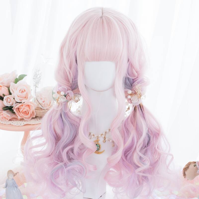 

Ombre Natural Curly Wig With Bangs, Pink