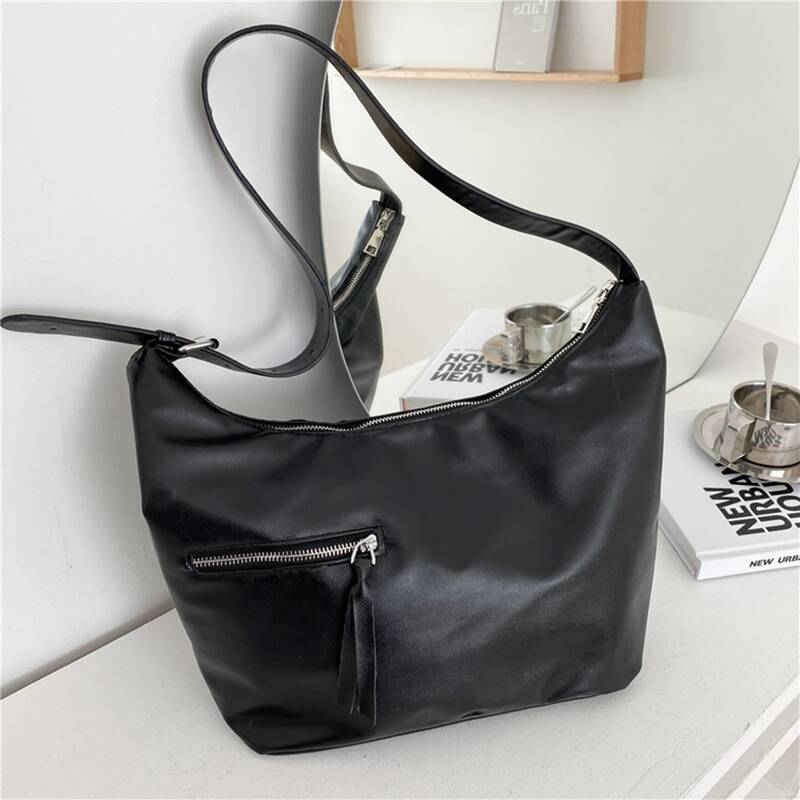 

Solid Zip Shoulder Bag, Black