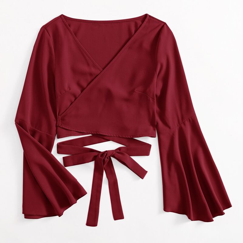

Solid Wrap Criss Cross Blouse, Burgundy