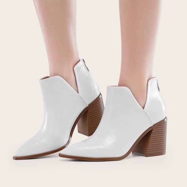 

Back Zipper Chunky Heeled Booties, White