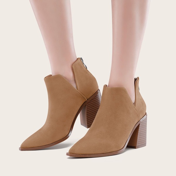 

Back Zipper Suede Chunky Heeled Booties, Brown
