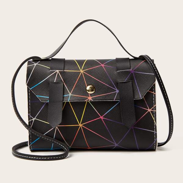 

Geometric Graphic Satchel Bag, Black