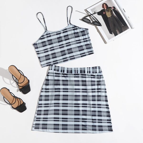 

Plus Plaid Cami Top With Mini Skirt, Multicolor