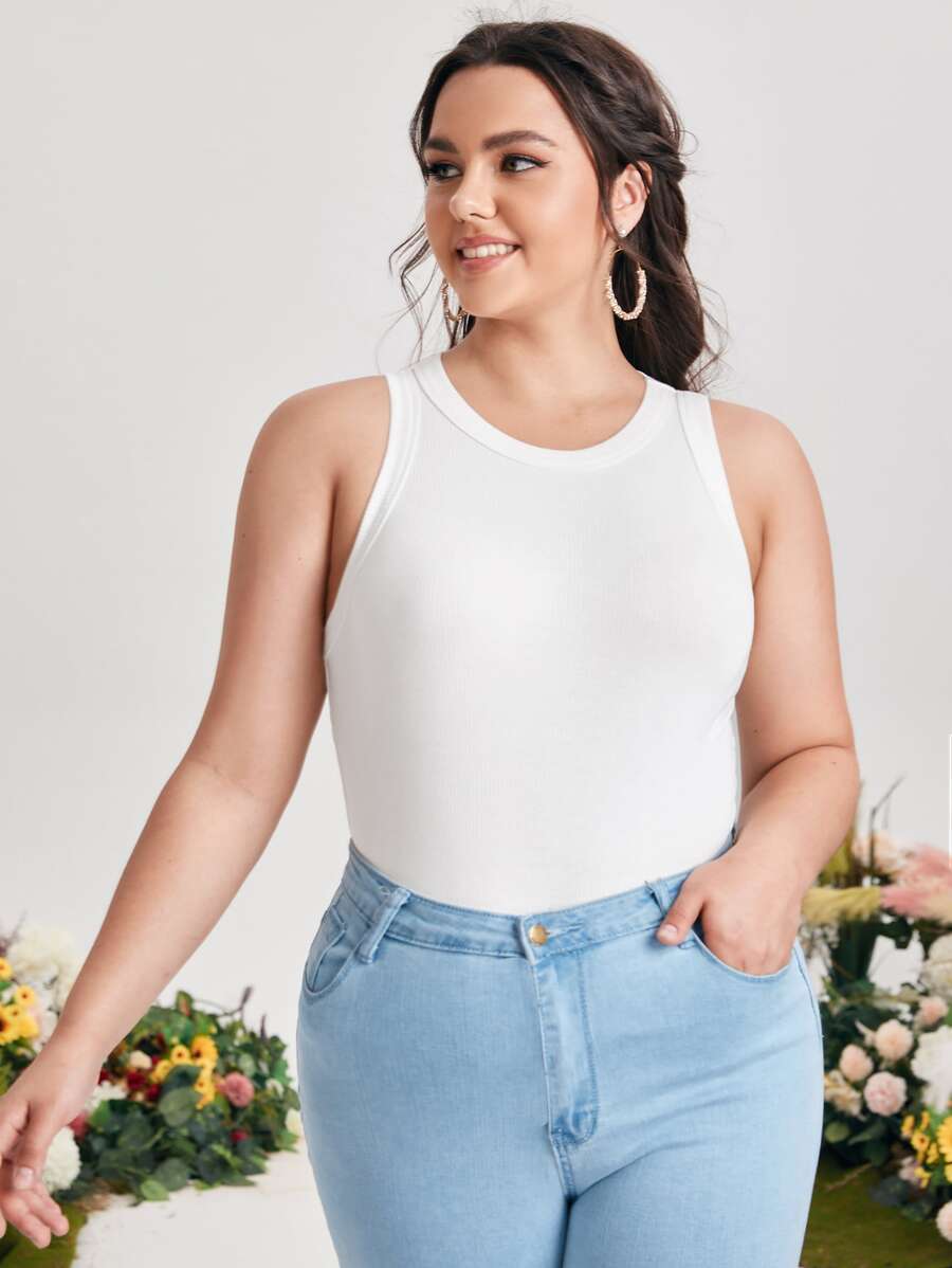 SHEIN EZwear Áo hai dây Plus Size Gân đan màu trơn Cơ bản - trắng - Xem 1