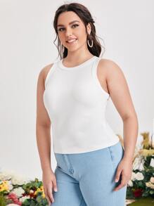 SHEIN EZwear Áo hai dây Plus Size Gân đan màu trơn Cơ bản - trắng - Xem 3