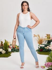 SHEIN EZwear Áo hai dây Plus Size Gân đan màu trơn Cơ bản - trắng - Xem 4