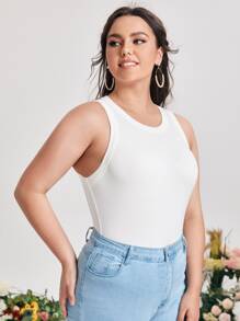 SHEIN EZwear Áo hai dây Plus Size Gân đan màu trơn Cơ bản - trắng - Xem 5
