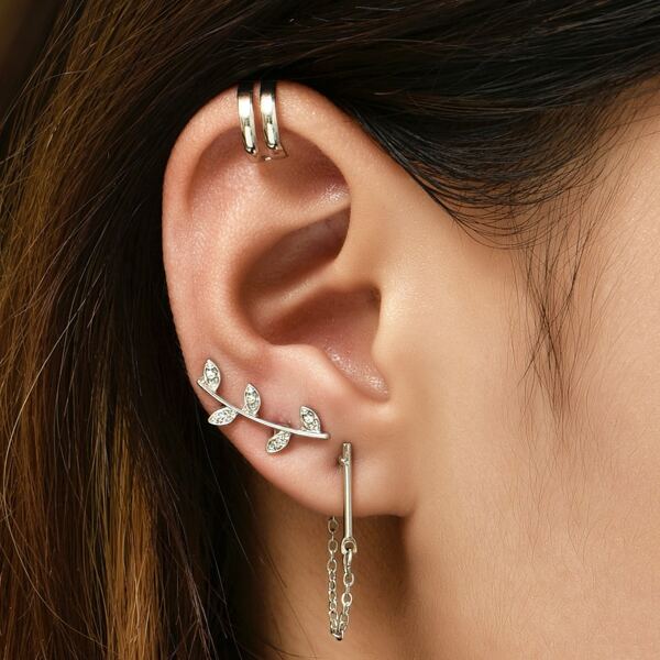 

3pcs Rhinestone Decor Earrings, Silver
