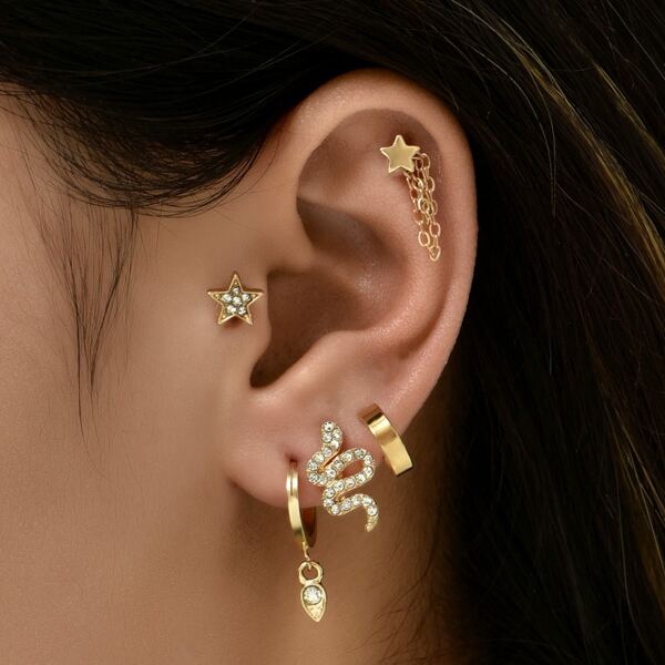 

5pcs Rhinestone Star Decor Earrings, Gold