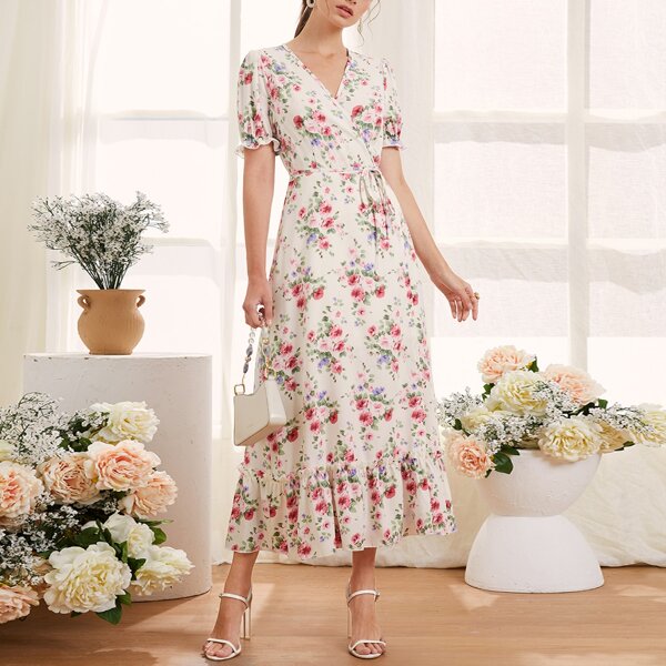 

Floral Print Surplice Ruffle Hem Belted Dress, White