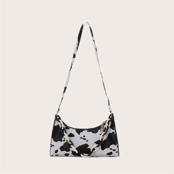 

Chain Decor Cow Print Shoulder Bag, Black and white