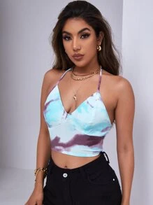 SHEIN ChicEase Tie Dye Shirred Halter Top