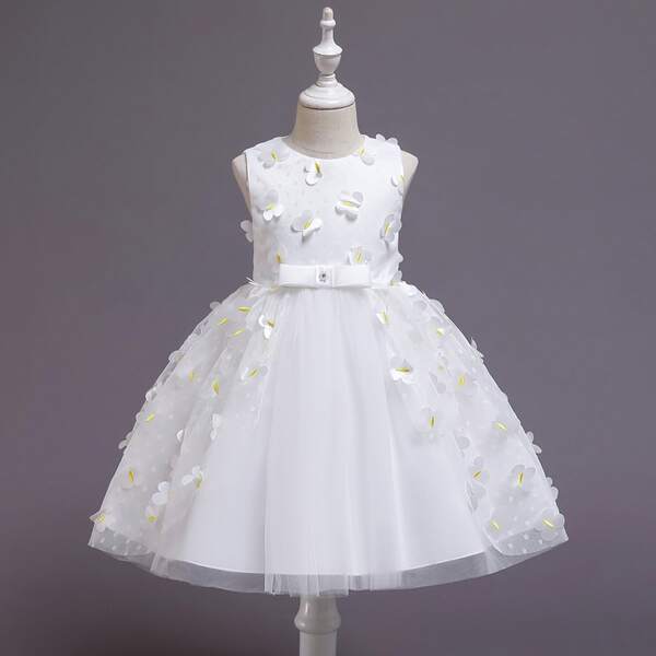 

Toddler Girls Butterfly Patched Bow Back Mesh Panel Gown Dress, White