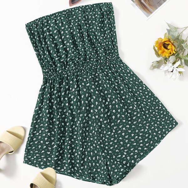 

Plus Ditsy Floral Wide Leg Bandeau Romper, Dark green