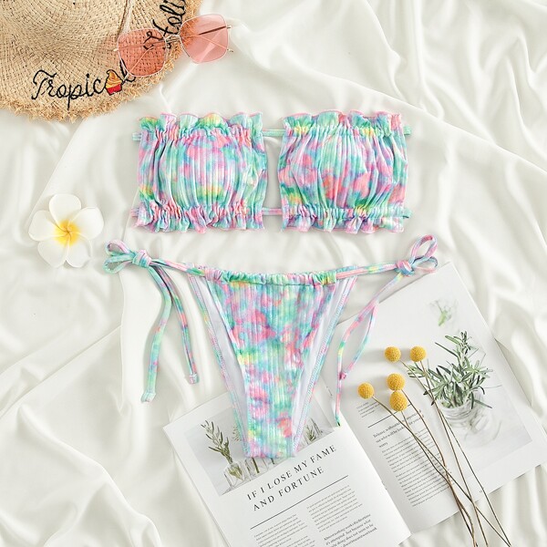 

Tie Dye Ruched Frill Bandeau Thong Bikini Swimsuit, Multicolor
