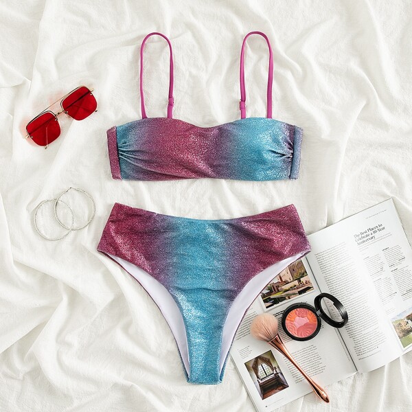 

Ombre Glitter High Waisted Bikini Swimsuit, Multicolor