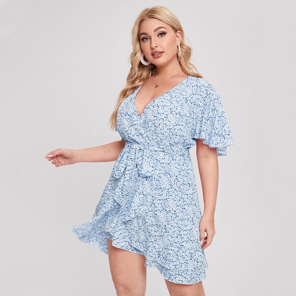 

Plus Ditsy Floral Butterfly Sleeve Belted Wrap Dress, Blue