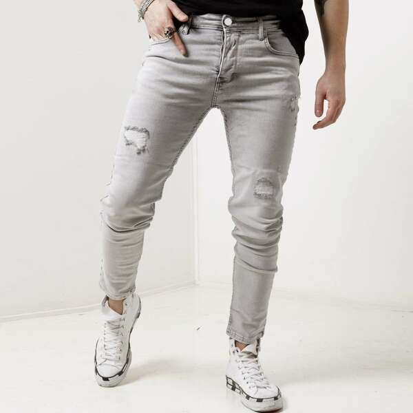 

Men Ripped Slant Pocket Jeans, Light grey