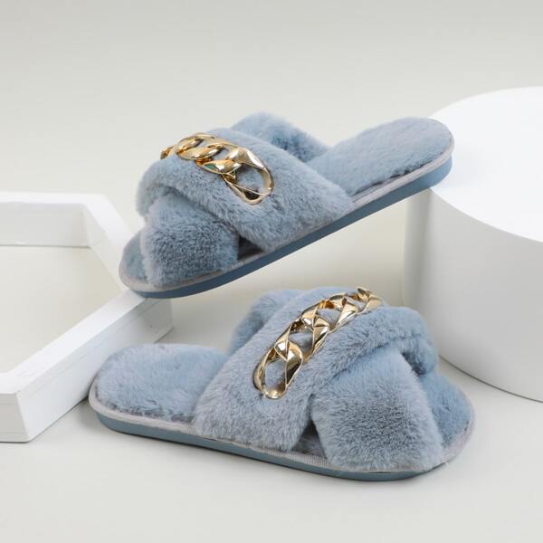 

Chain Decor Cross Strap Fluffy Slippers, Dusty blue