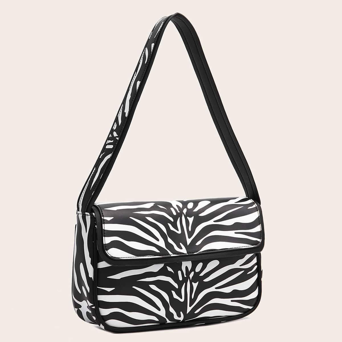 

Zebra Striped Flap Shoulder Bag, Black and white