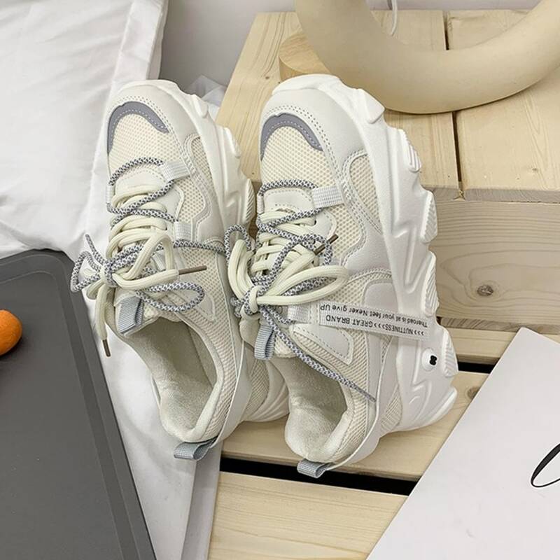 

Double Strap Lace-up Mesh Chunky Sneakers, White