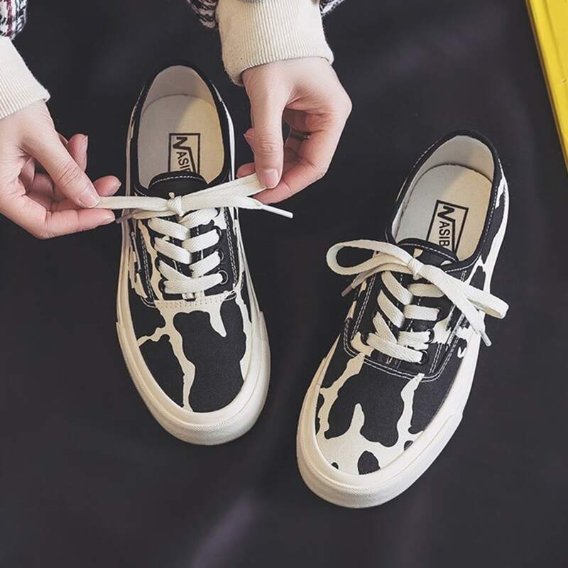 

Cow Print Lace-up Canvas Sneakers, Black and white