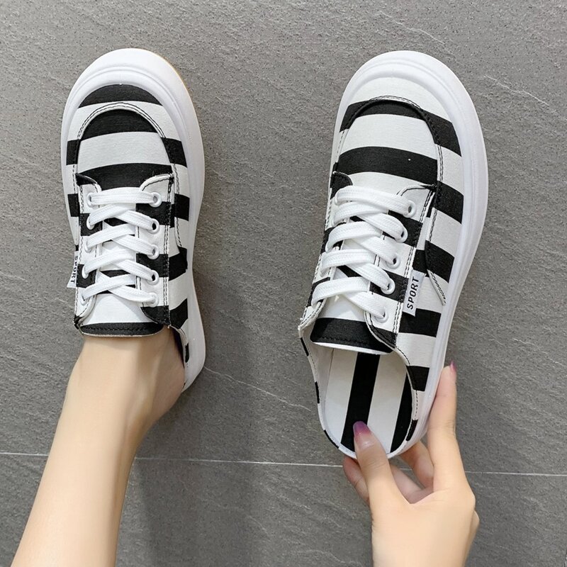 

Striped Lace-up Canvas Sneaker Mules, Black and white