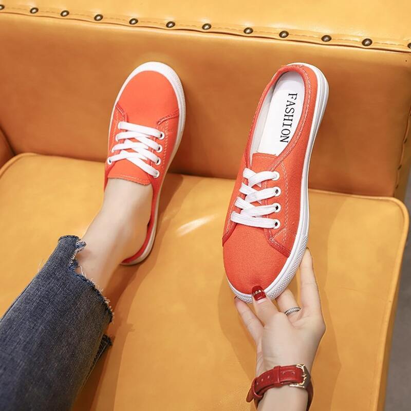 

Solid Lace-up Canvas Sneaker Mules, Orange