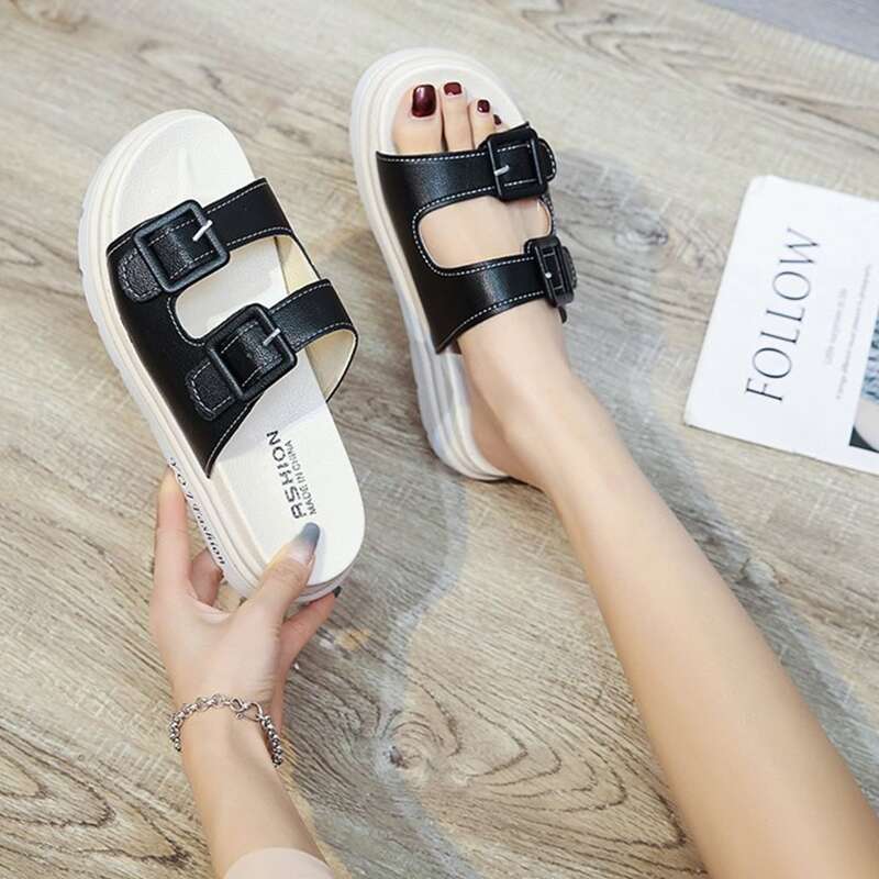 

Buckle Strap Flatform Slide Sandals, Black