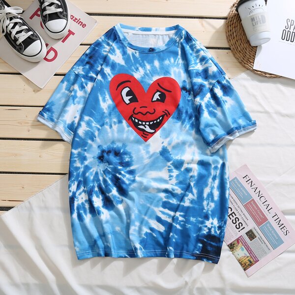 

Men Tie Dye & Heart Print Tee, Blue