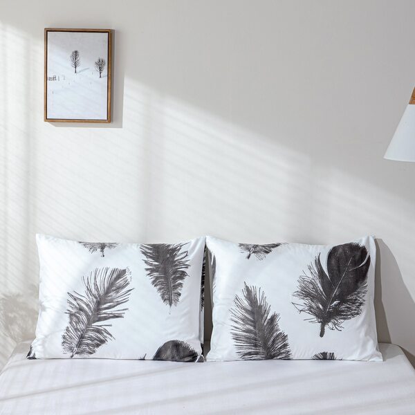 

1pair Feather Print Pillowcase Without Filler, Black and white